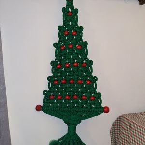 Vintage 70s macrame Christmas tree with red wooden beads wall hanging